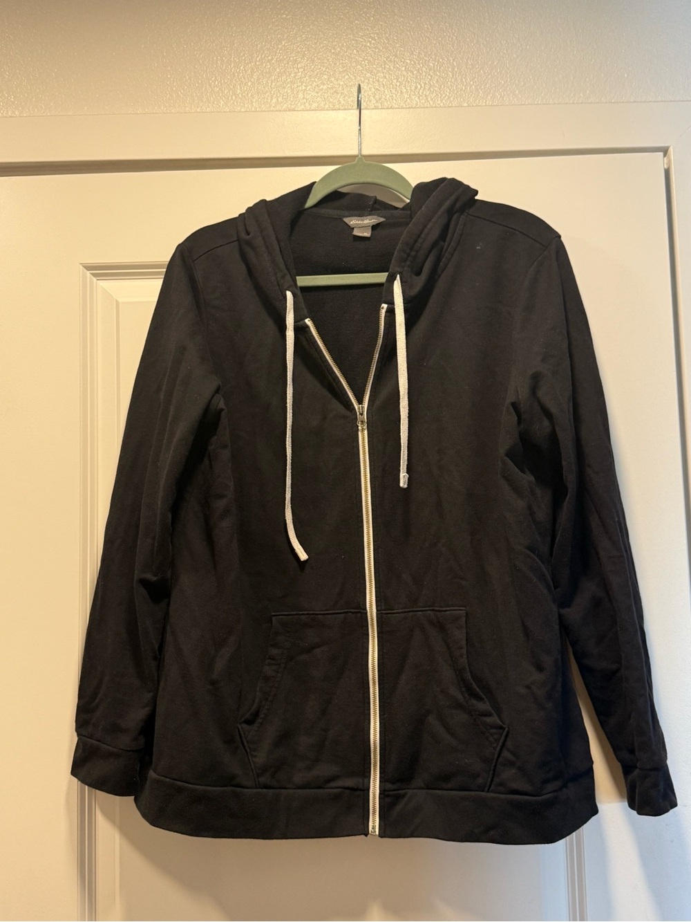 Eddie Bauer Black Zip Hooded Utility Jacket with White Drawstrings